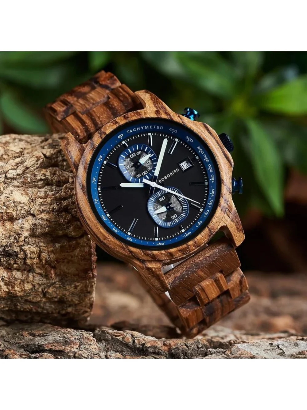 Men's Blue Analog Quartz Ultra-Light Luminous Chronograph Casual Wooden Watch